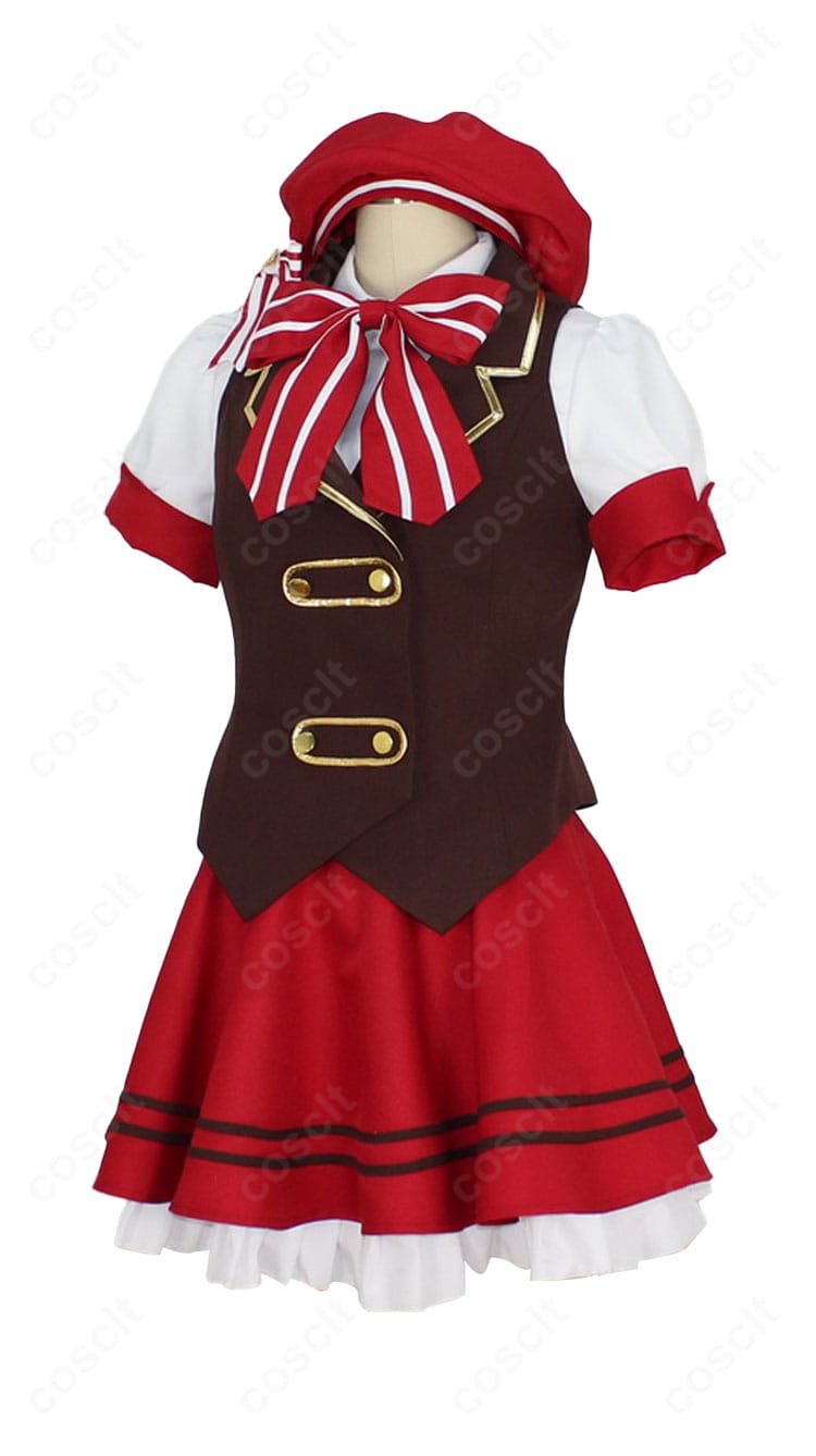 ココア メイド服コスプレ衣装の左側面。襟元からウエストへのシルエットと手首飾りの仕上げが分かる画像。