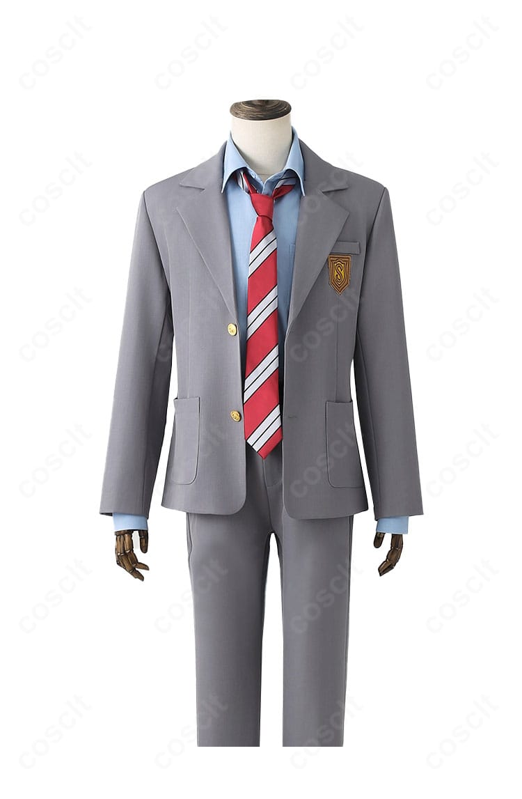 有馬公生 制服コスプレ（正面）。落ち着いたグレーのブレザーとストライプ調ネクタイ、端正なシルエットを確認。
