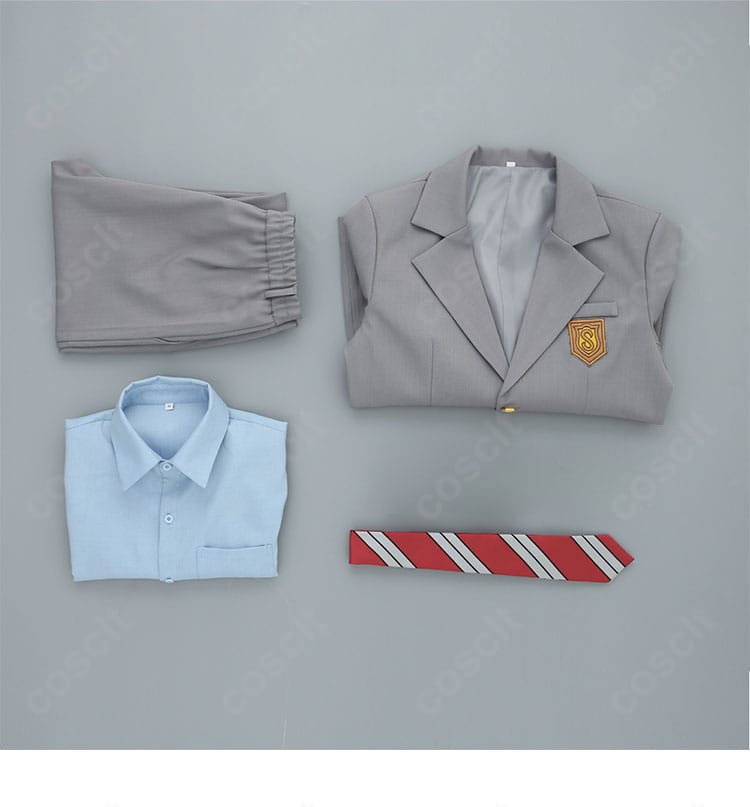 有馬公生 制服コスプレのセット内容一式。ブレザー、ズボン、シャツ、ネクタイの4点セットを並べた画像。