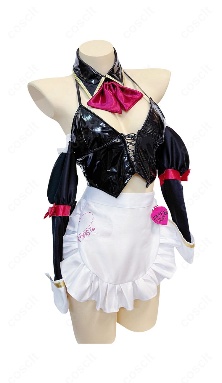 マスト ロマンチックメイド衣装のディテール接写。ドレス、エプロン、リボン、手袋の縫製と素材感、フリルの立体感がわかるカット