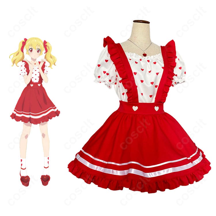 星宮いちごのGirly RED風コスプレ衣装と商品を組み合わせた全身イメージ。赤系ガーリー配色とアクセサリーまで忠実再現。