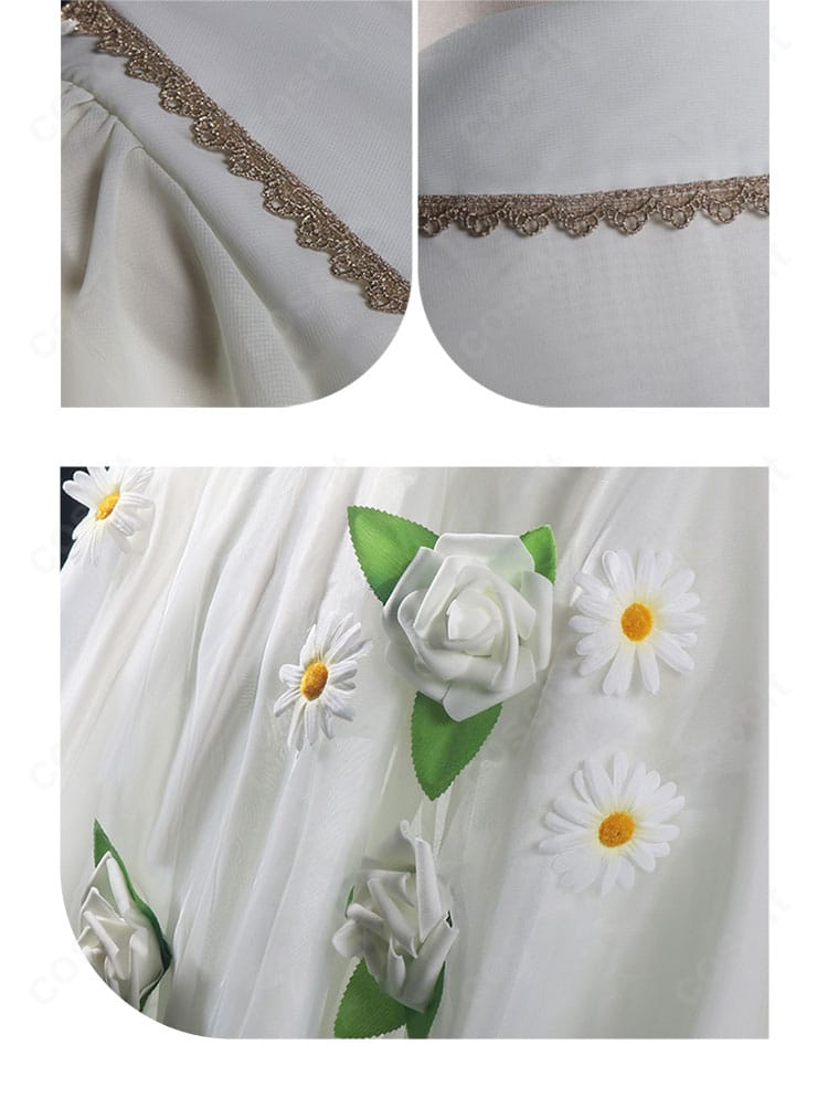 フリーレン白ドレスの衣領とスカート花柄装飾の近接画像。清楚で可憐な印象を強調。