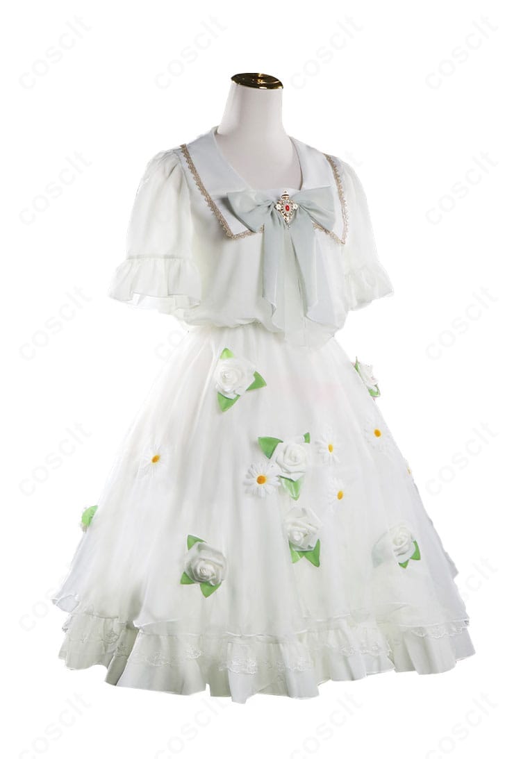 フリーレン白ドレス衣装の側面。ウエストラインとスカートの落ち感がわかるサイドビュー。