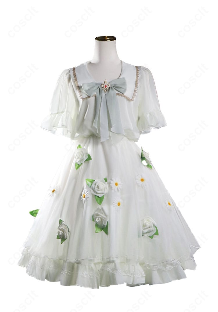 葬送のフリーレン フリーレン白ドレス衣装の正面全身。高発色の白生地と繊細な装飾が映える仕上がり。