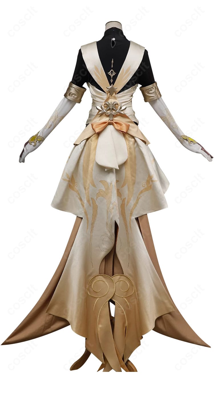 アグライア衣装の背面全景、背飾りと裾のラインが映えるエレガントなデザイン