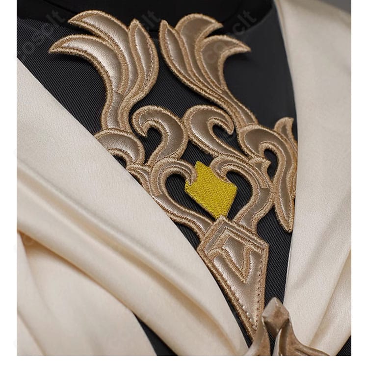 襟元の装飾クローズアップ、首周りを引き立てるモチーフと質感表現