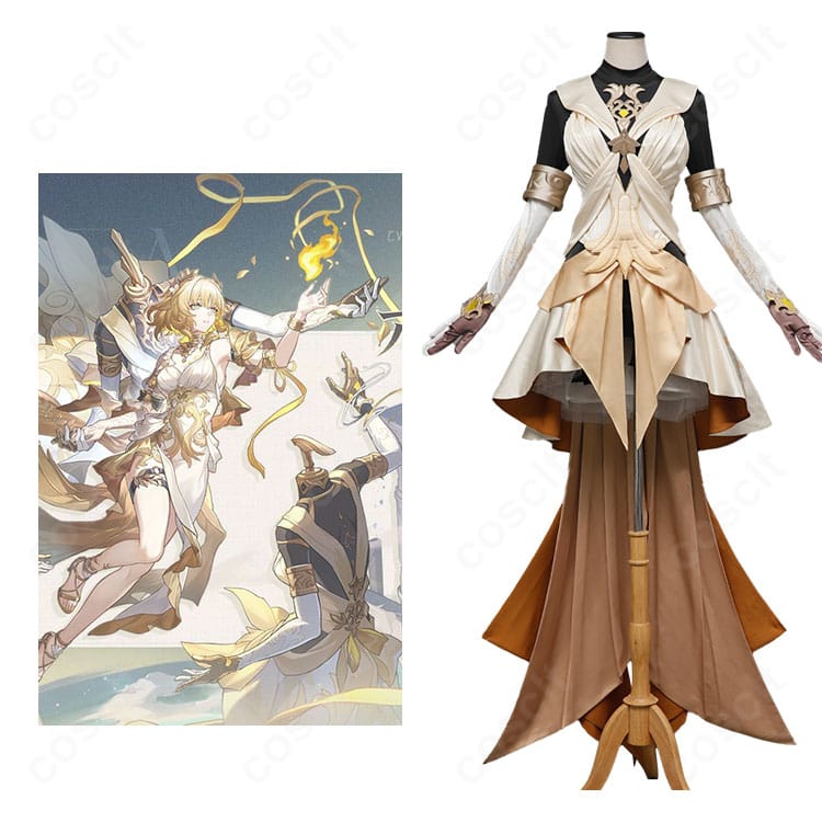 崩壊:スターレイル 黄金裔 アグライアのコスプレ衣装正面とキャラクター比較、細部まで再現されたセット全景