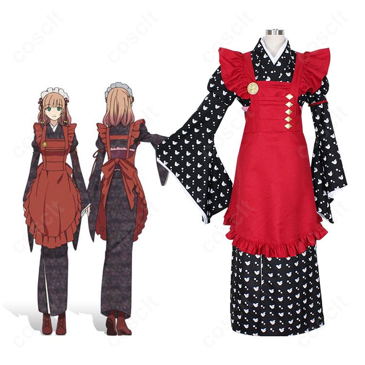 AMNESIA ヒロイン 和服メイド服コスプレ衣装の正面とキャラクターイメージ。花柄やエプロンを含む高再現ディテールが分かる構図。