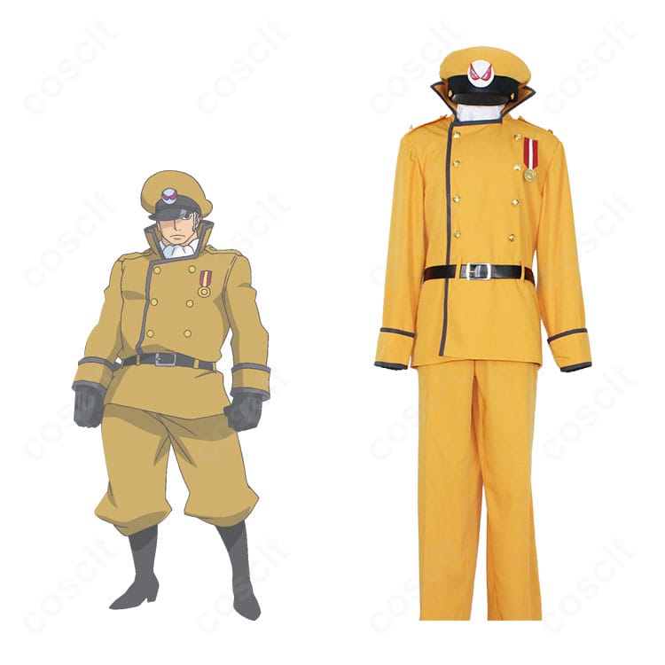 オレスキーの公式イメージと並んだコスプレ衣装正面。ミリタリー風の威圧感あるシルエットを高再現。