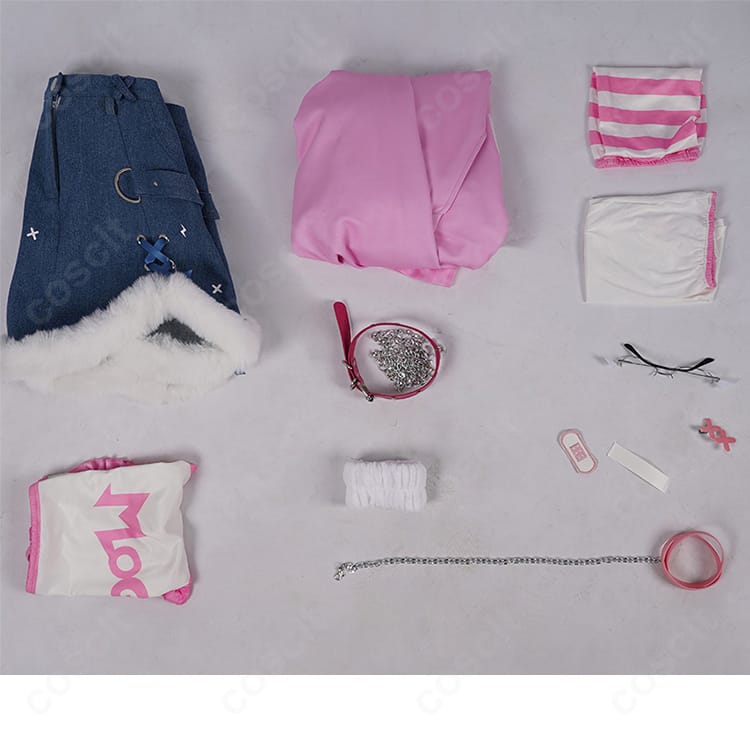 セット内容一式のレイアウト画像。コート、スカート、インナー、チョーカー、カチューシャ、ヘアピン、飾り物が揃うフルセット。