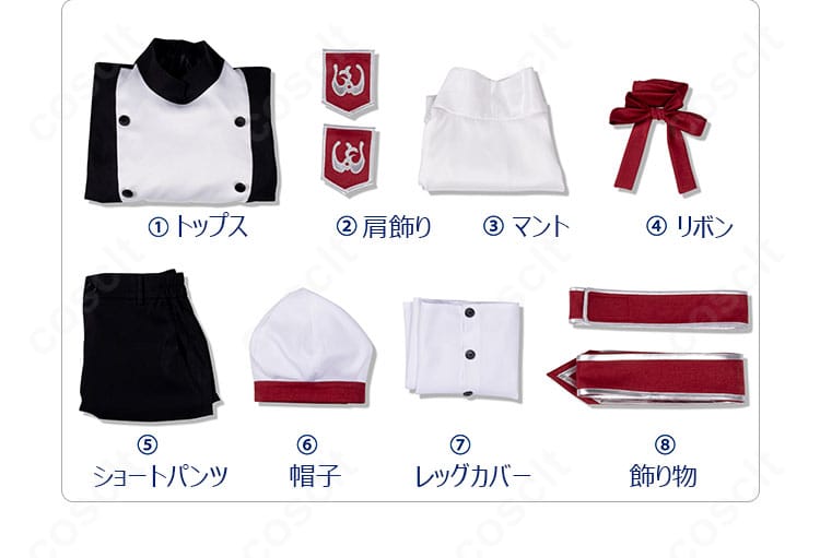 シエル・ファントムハイヴ 聖歌隊コスプレ衣装のセット内容一式。マント・トップス・ショートパンツ・小物を並べた画像