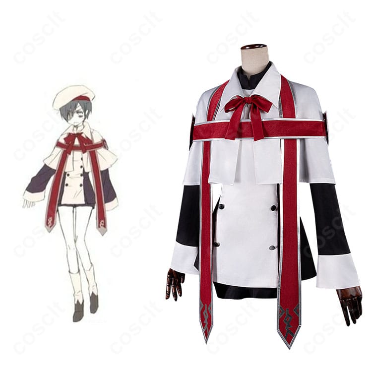 黒執事 シエル・ファントムハイヴ 聖歌隊コスプレ衣装の正面全身と商品カットを並べた説明画像