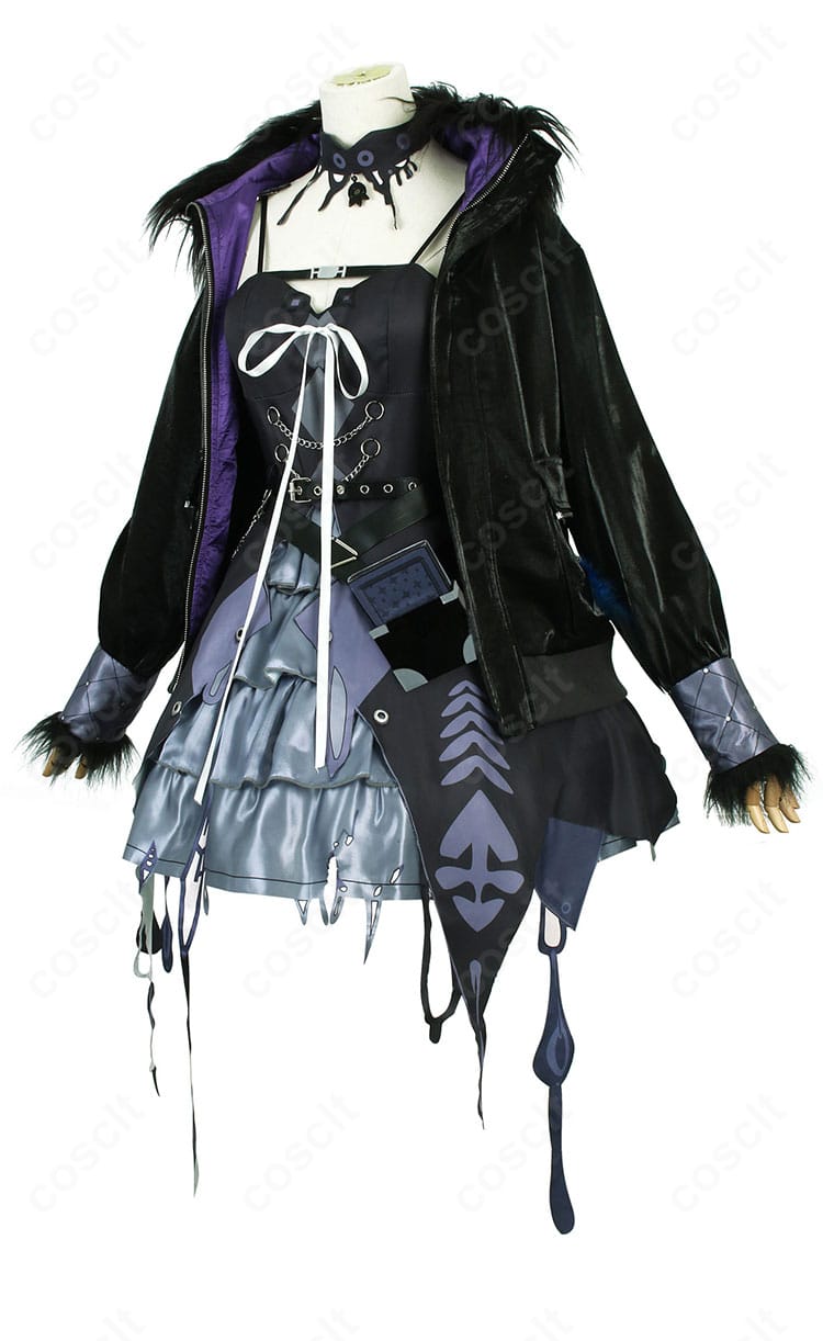 シオリ・ノヴェラ 初期衣装の側面。コートのラインとウエストのシルエット、腰飾りの位置関係を示す