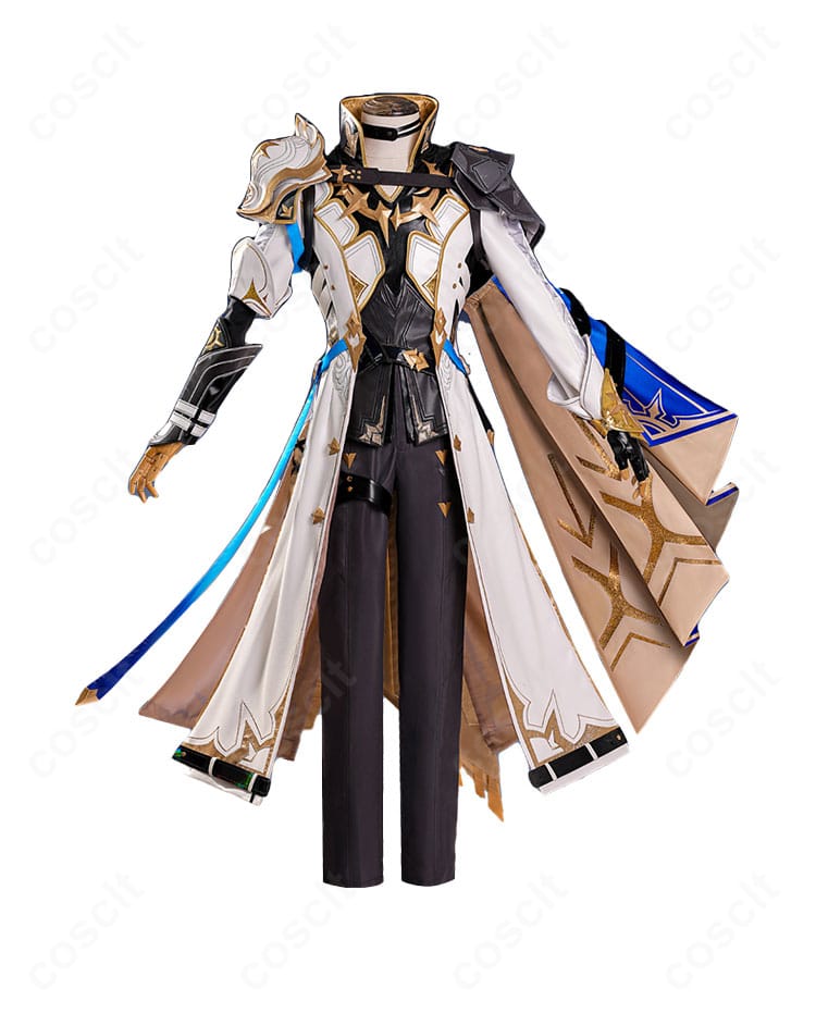 ファイノン戦闘服コスプレの正面全体像。コートと胸飾り、ベルト位置まで忠実に再現。