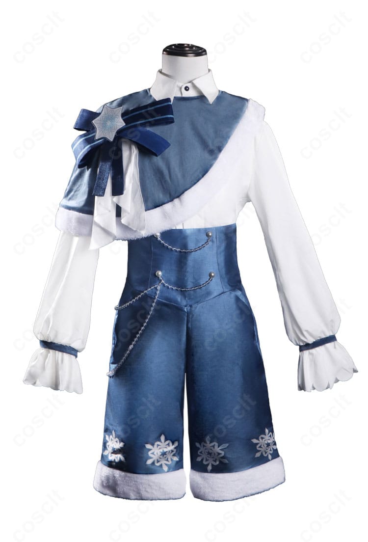 SNOW MIKU 2025 鏡音レン コスプレ衣装の正面全体。シャツとショール、ショートボトムの配色と質感が分かる。