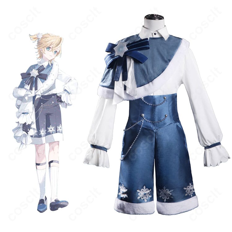 SNOW MIKU 2025の鏡音レン衣装を着用した全身イメージ。世界観に沿う高再現のコーディネートを表現。