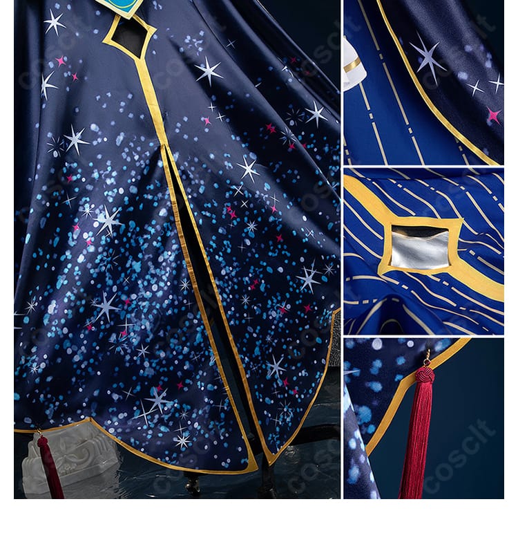 披風裾の装飾詳細。縁の装飾ラインとステッチワークに焦点を当てた写真。