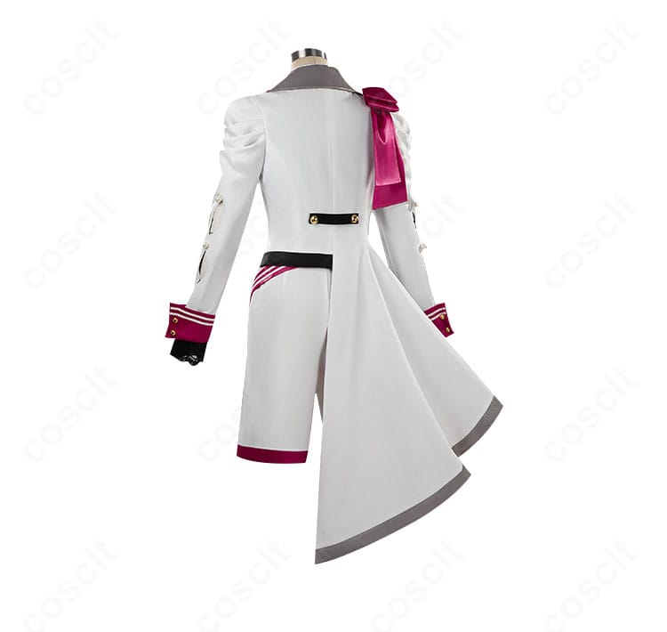 スノーホワイト衣装の背面。背中の切り替えと裾装飾の流れを強調