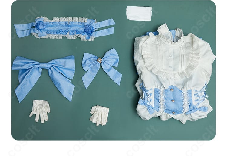 レム ゴシックドレス衣装セット一式。ワンピース・髪飾り・スカーフ・背部蝶結び・手袋・タイツの内容確認