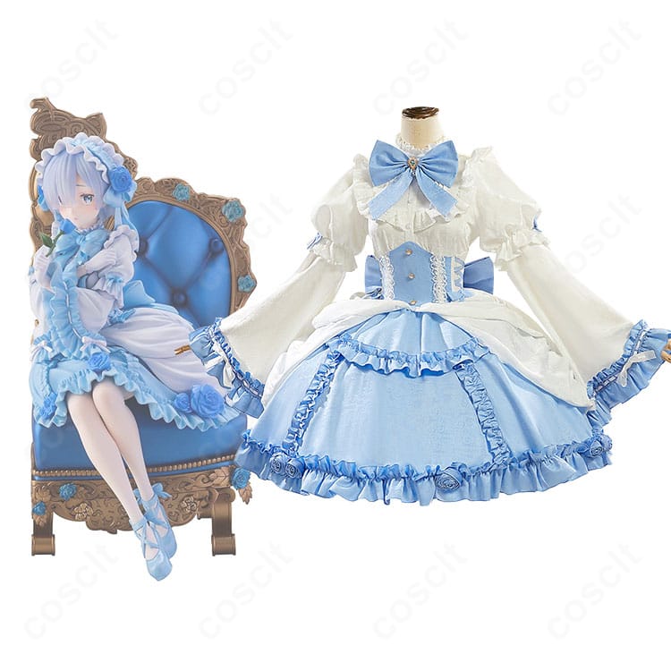 レム ゴシックドレス衣装の正面とキャラクター比較。花飾りと刺繍、蝶結びまで高再現のディテールが分かる画像