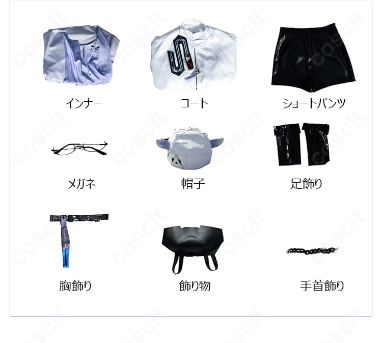 セット内容一覧のレイアウト写真。コート、インナー、ショートパンツ、帽子、メガネ、胸飾り、手首飾り、足飾り、飾り物を一枚で確認。