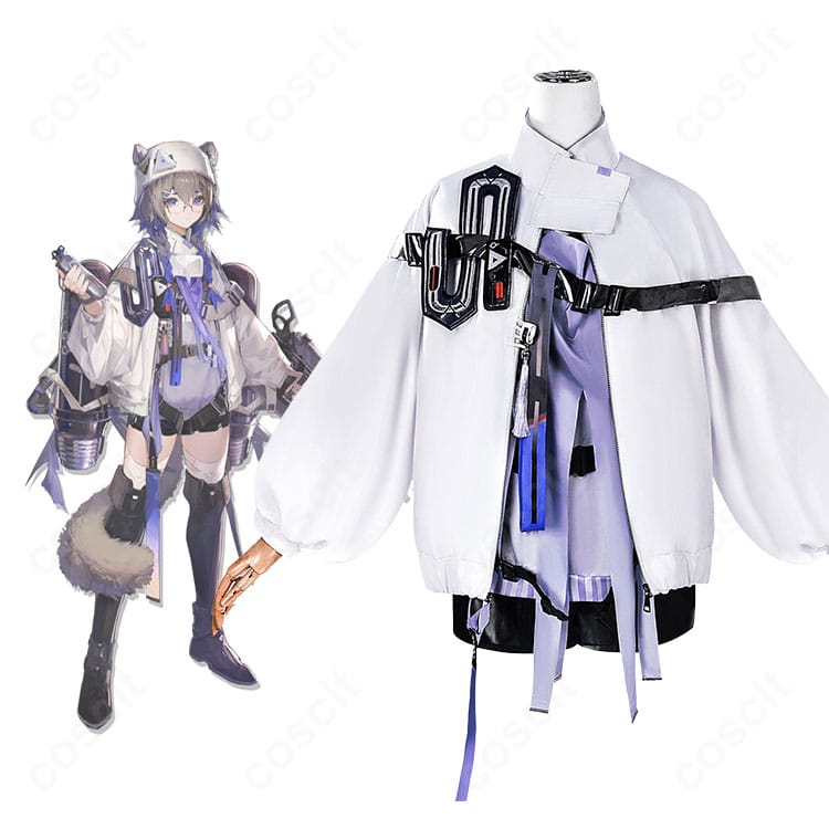 アークナイツ コントレールのコスプレ衣装とキャラクタービジュアルの比較カット。配色・装飾位置まで忠実に再現した正面全身。