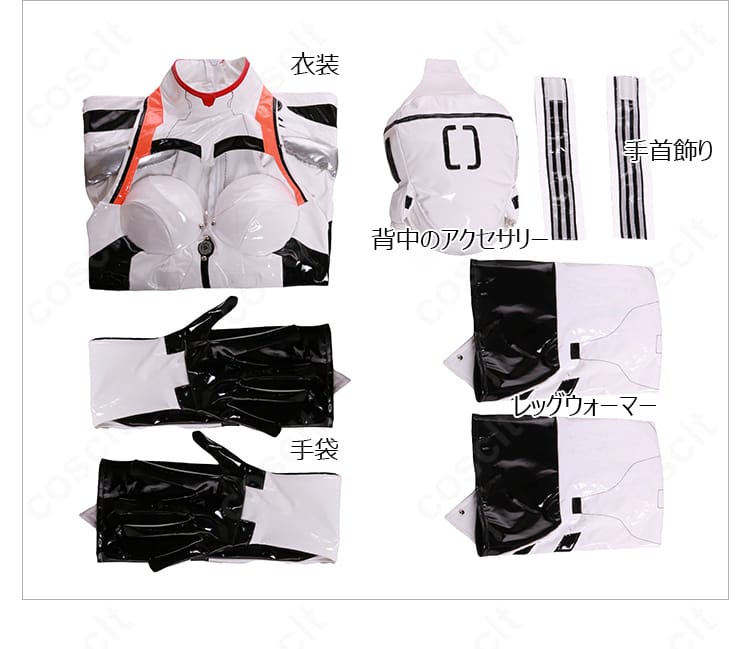 綾波レイ コスプレ衣装のセット内容一式。衣装本体、背中アクセサリー、手袋、レッグウォーマー、手首飾りを並べた確認用画像。