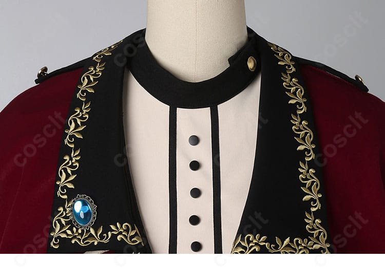 襟元の装飾ディテール。襟飾りの意匠と質感を強調したティモリス衣装のクローズアップ