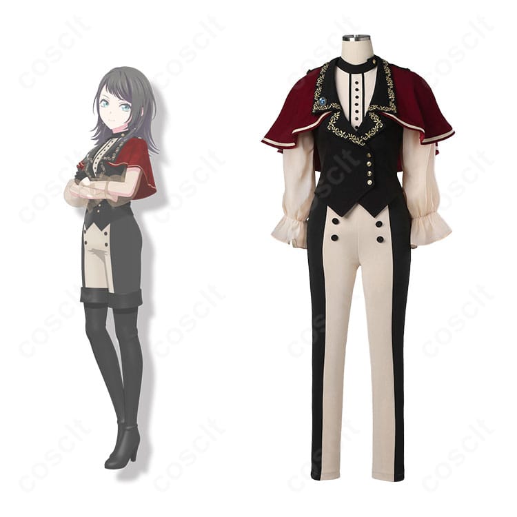 商品正面と八幡海鈴（ティモリス）のイメージが並ぶ、Ave Mujicaステージ衣装の全体コーデ写真