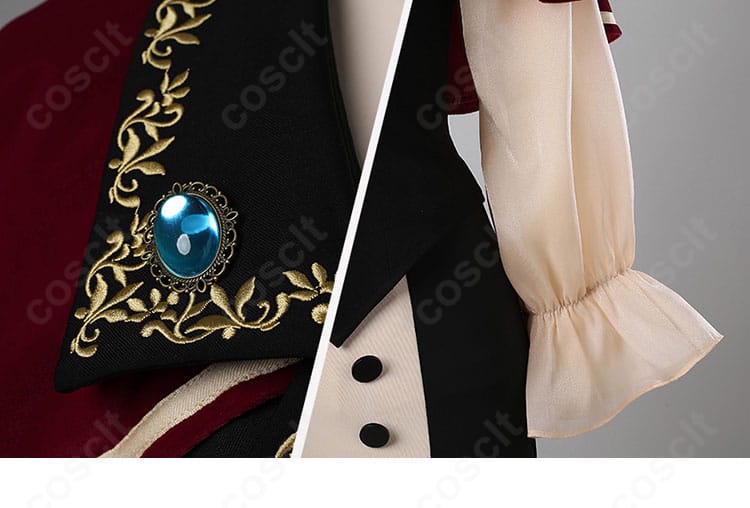 襟と袖口の近接。縁取りと切り替えのデザインが分かるティモリス衣装の細部