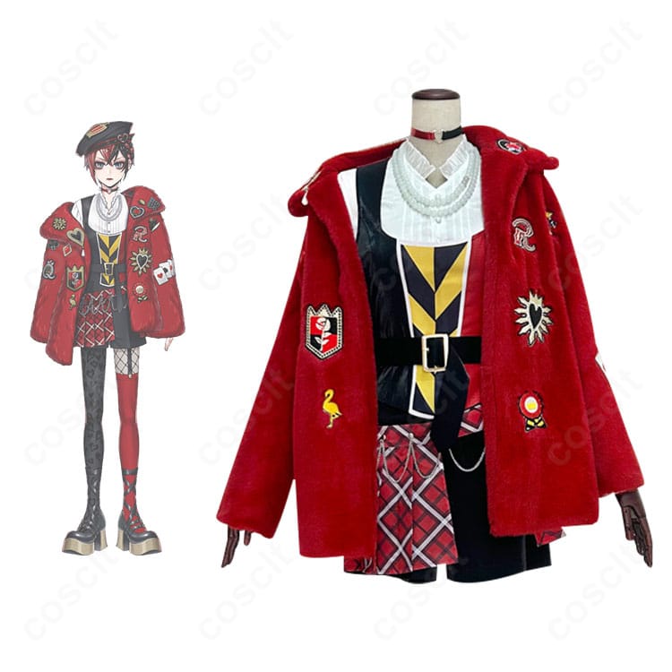 商品正面とリドル・ローズハートのビジュアルを並置した画像。ツイステッドワンダーランド新衣装の全体シルエットと配色が分かる構図。