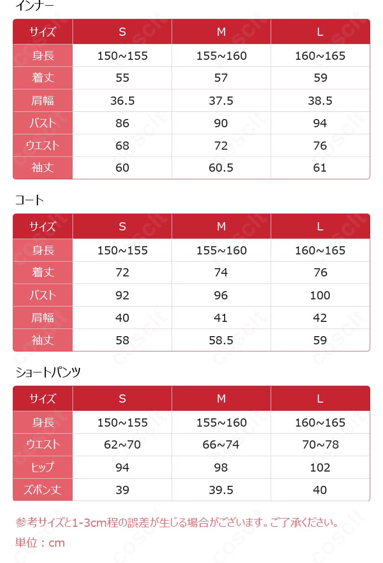 サイズガイドの画像。S・M・Lの寸法対応を示す比較チャート。