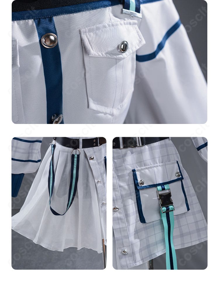 上衣の胸ポケットとスカート装飾の詳細。ステッチとパーツの配置、素材感が見える。