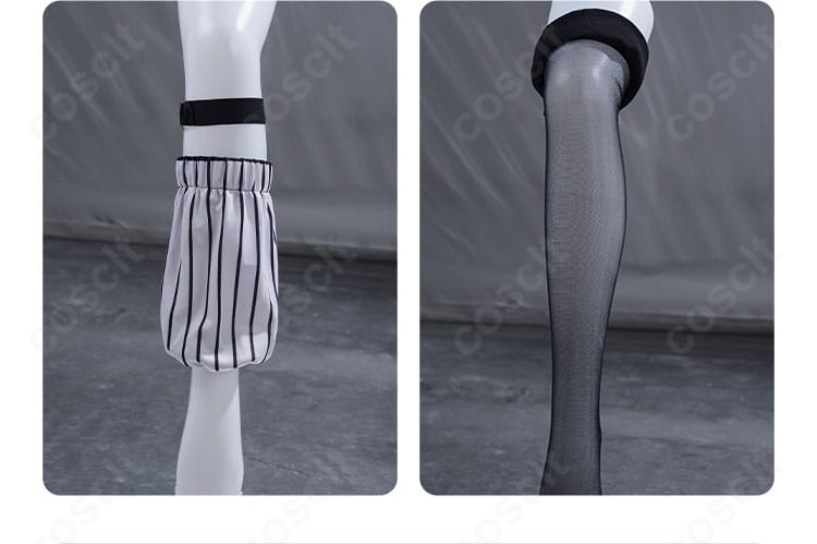 脚部装飾とストッキングの拡大。レッグカバーと太もも飾りのバランス、質感が分かる。