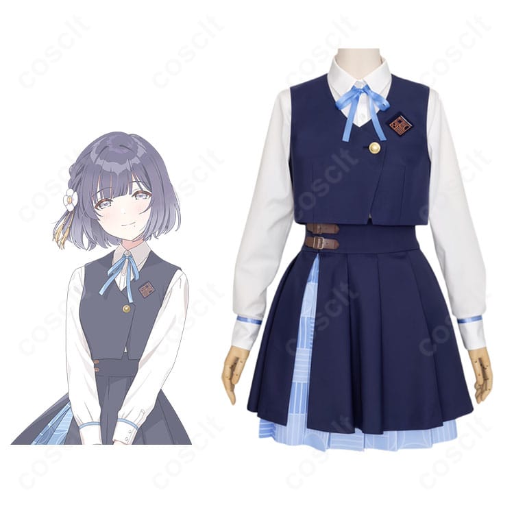 秦谷美鈴の初星学園制服コスプレ衣装とキャラクターイメージの融合カット。学園アイドルマスターの世界観を再現。