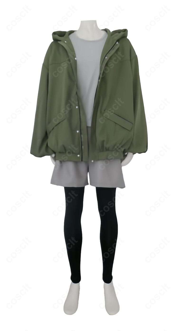 小鈎ハレ キャンプ衣装の全体ディテール。落ち着いた色味とすっきりシルエットで撮影映え。