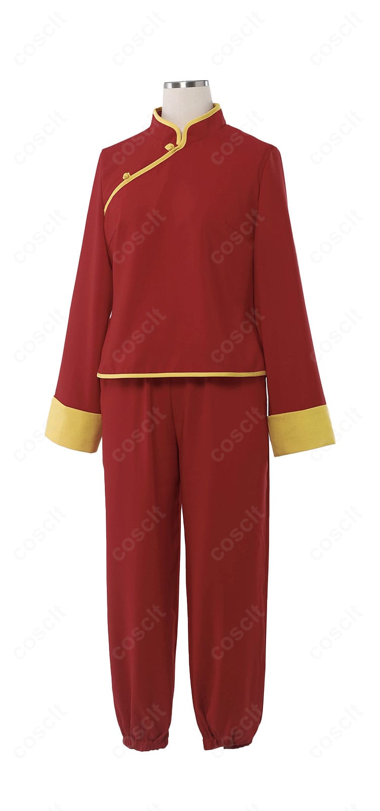 銀魂 神楽 チャイナ服コスプレの正面カット。斜襟とパイピング、発色の良い赤地が分かるディテール。