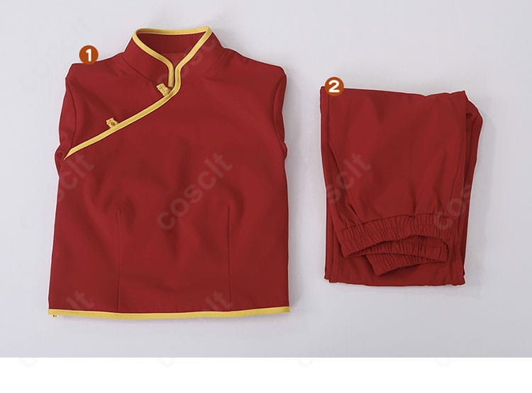 セット内容一式(トップス+ズボン)を整列表示。開封してすぐコーデ可能な銀魂 神楽 コスプレ衣装の全体。