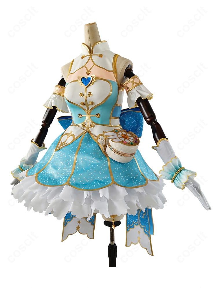 絢瀬絵里コスプレのサイドビュー。ウエストの立体裁断と刺繍、パイピングの陰影が際立つ角度。