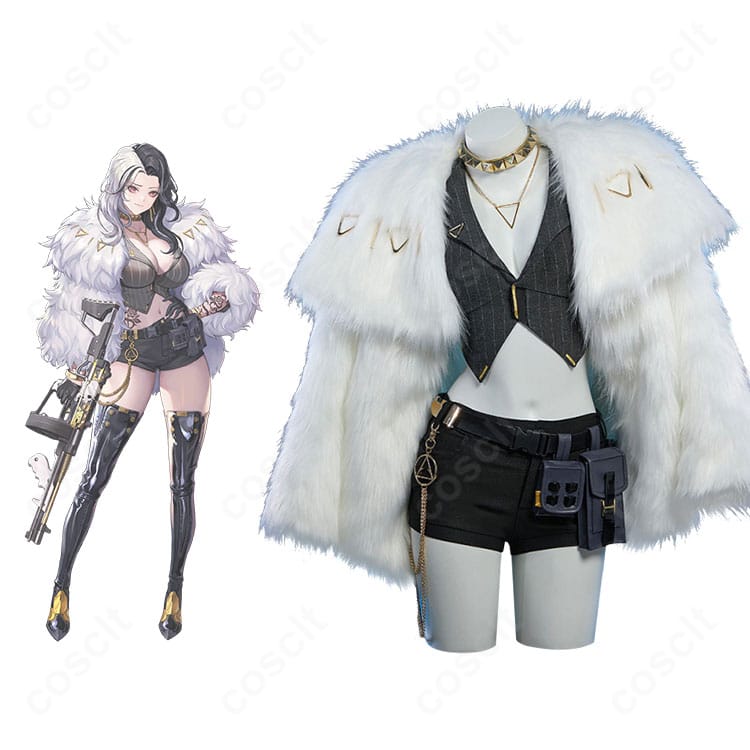 勝利の女神：NIKKE ロザンナの着用イメージ。ロングコートとショートパンツ、アクセ一式でイベント映えする全体コーデ