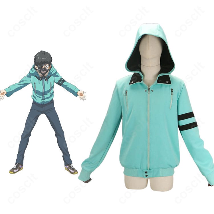 モデル着用の金木研 私服コート＋眼帯コスプレ一式。全身バランスと質感が分かるカット