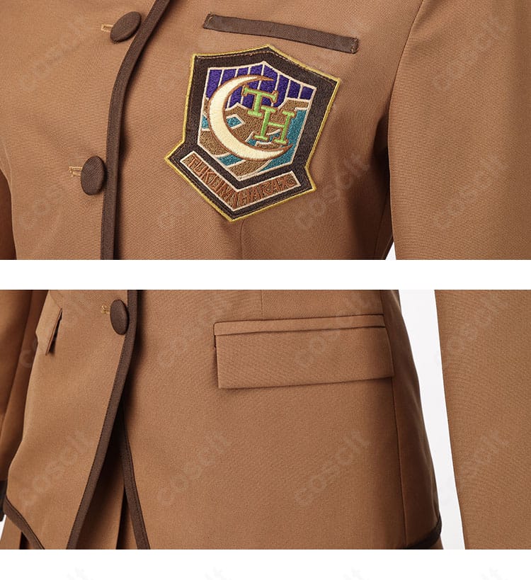 FGO 岸波白野 学園制服コスプレ 胸ポケットとエンブレム調装飾のアップ。細部まで精巧なつくり。