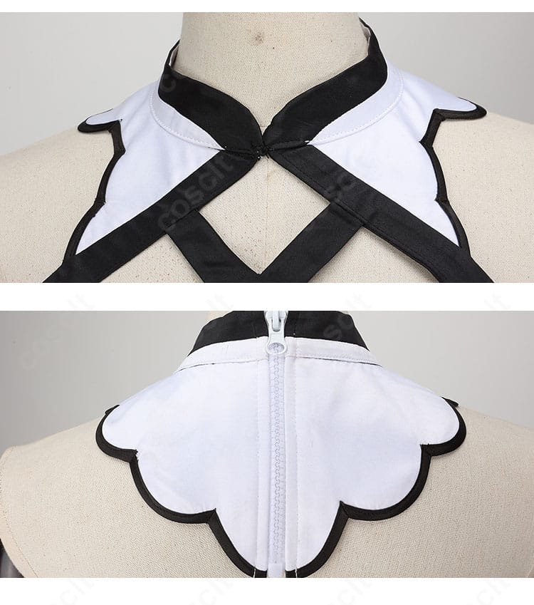 襟元と背面ファスナーのディテール接写。縫製の整いと開閉のしやすさが分かるFGO アルクェイド衣装。