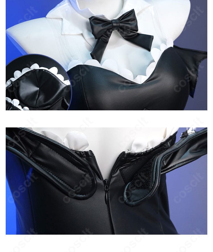 布地の表情、つけ襟、背中の装飾の詳細。首元の意匠と背面パーツの連動性を示す。