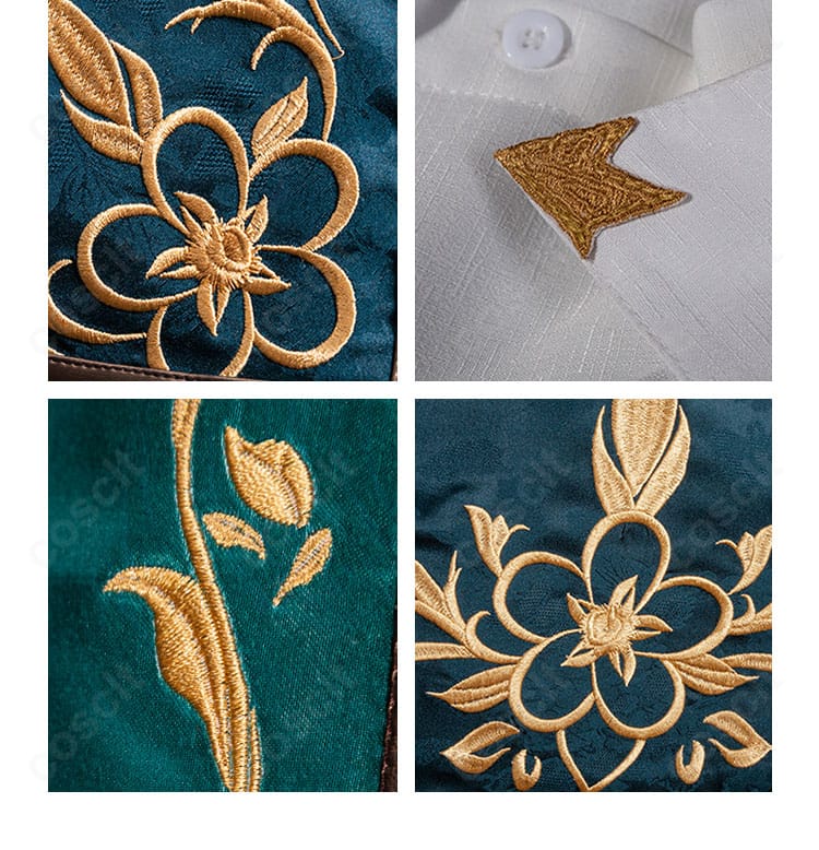 第五人格 騎士コスプレの花柄装飾ディテール。精緻なパターン再現とステッチの整いを強調。