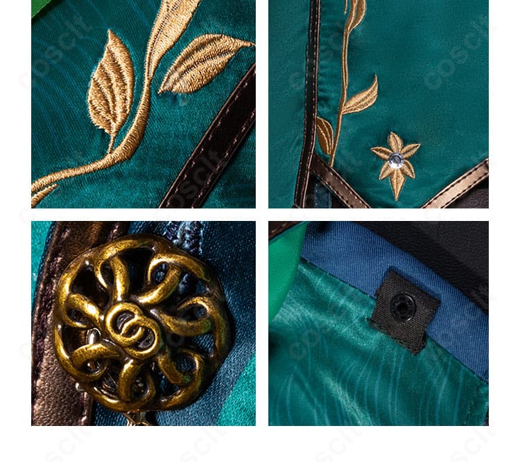 コスプレ衣装の襟まわりディテール。刺繍・メタル調パーツの配置と縫製の丁寧さが伝わる。