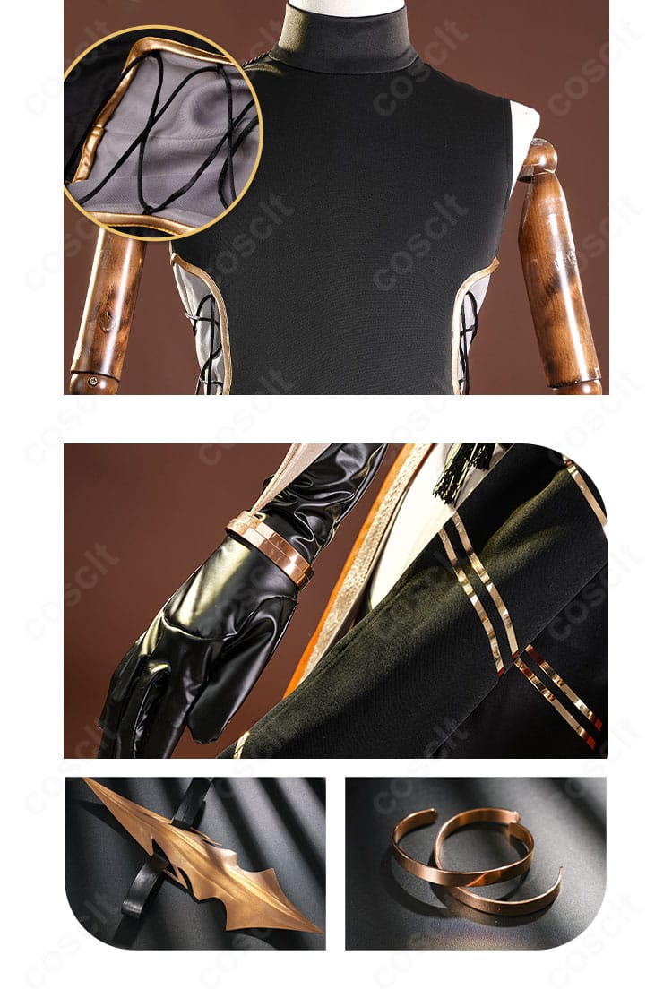 傭兵コスプレ衣装の胸飾り・腕飾りディテール。ブレスレットと手袋の質感まで確認できる画像