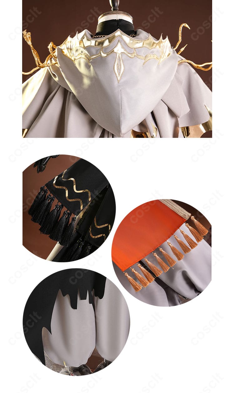 傭兵コスプレ衣装のフードと装飾タッセルの近接カット。生地の厚みと縁取りが分かる