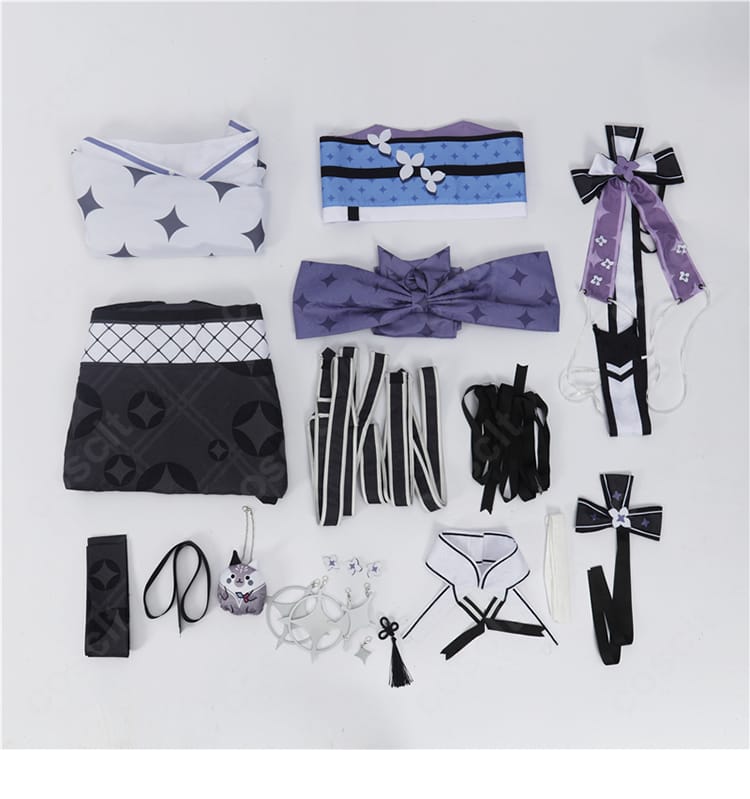 セット内容一覧。着物本体・帯・背面リボン・胸元装飾・腰飾り・アクセサリー類が一望できる構成画像。