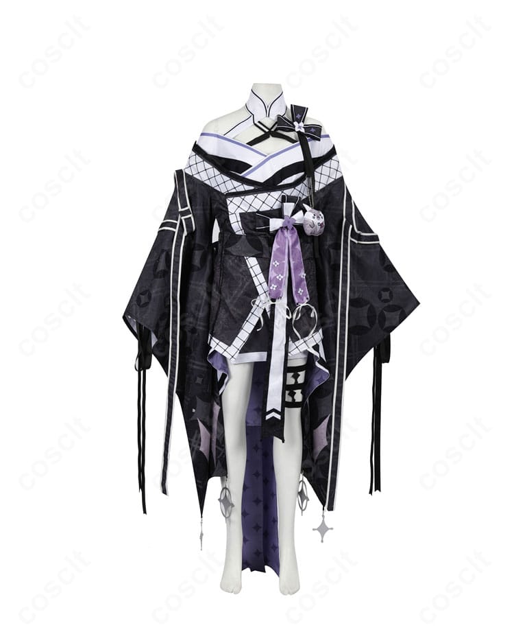 ベスティア・ゼータ着物コスの正面ディテール。胸元の刺繍と配色、帯の位置関係が分かるクリアなアップ。